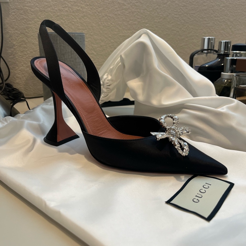 Amina Muaddi- Rosie Crystal Bow Slingback Suede Pumps